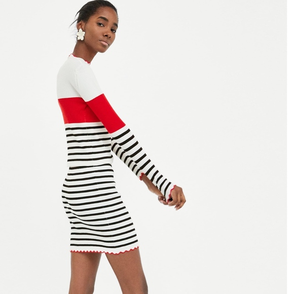 Zara Knit Black Striped Red Scalloped Hem Mini Skirt Large Comfy Workwear - Picture 6 of 15